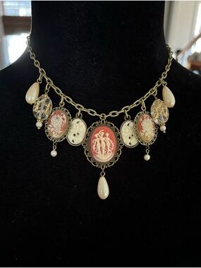 Vintage Inspired Cameo Bib Carnelian & Cream Necklace